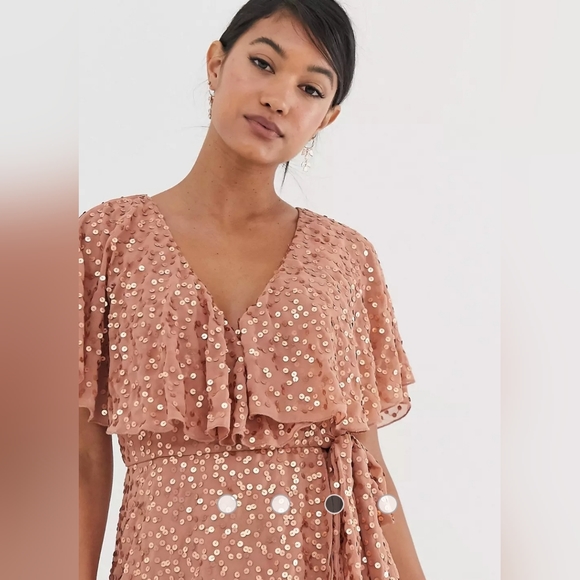 ASOS Design Copper Scatter Sequin Dress Cape Back High Low Hem Size 6 - Picture 3 of 16